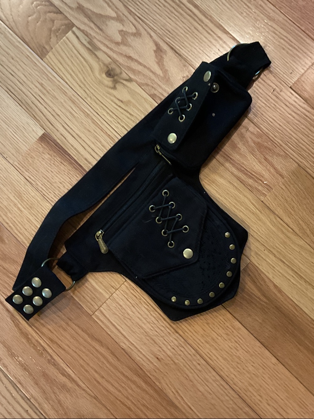 Renaissance Black Utility Hip Bag Studs Lace-Up Detail canvas - Picture 2 of 9